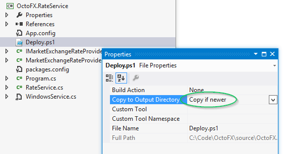 The Visual Studio file properties pane for Deploy.ps1, with Copy to Output Directory set to Copy if newer